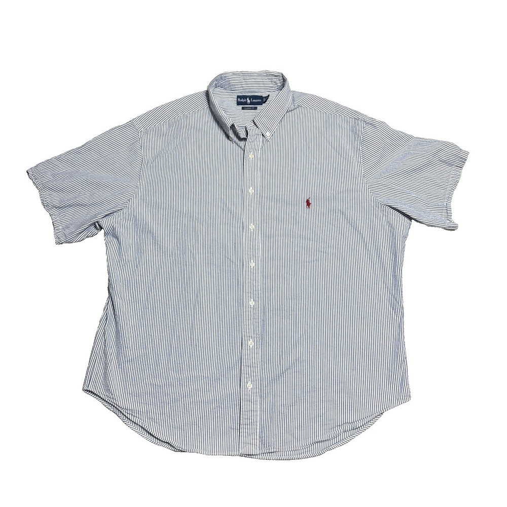 Ralph Lauren Seersucker Shirt Men's 2XB Blue Hickory Stripe Short Sleeve VTG Y2K